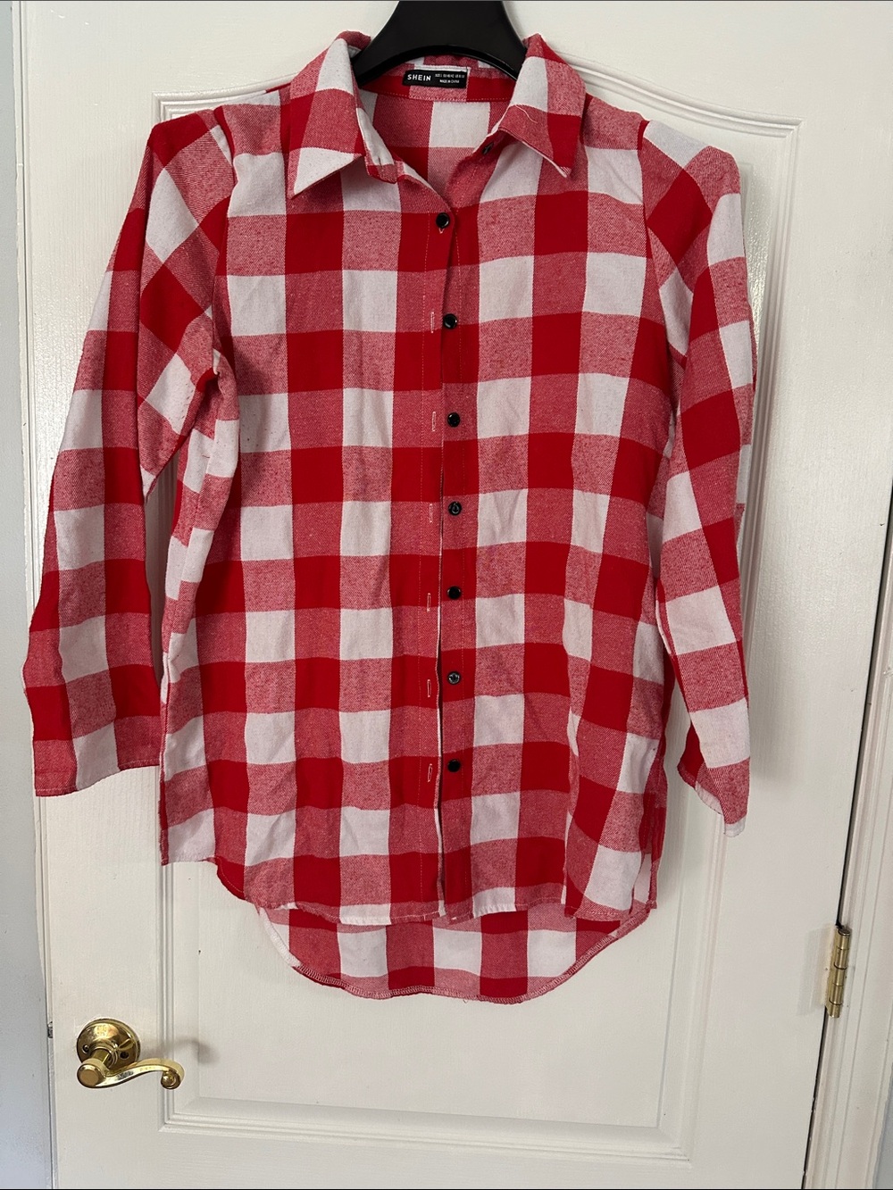 SHEIN Red and White Checked Button-Down Shirt
